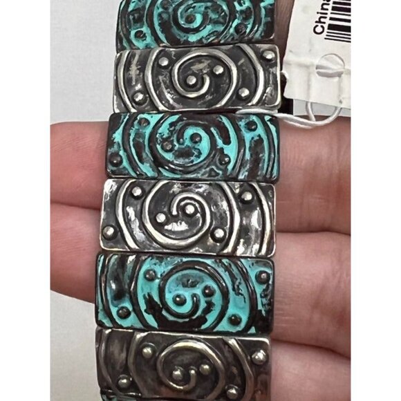 Periwinkle by Barlow Patina Silver Bronze Swirl Stretch Bracelet Boho Tribal Chi - Picture 5 of 7